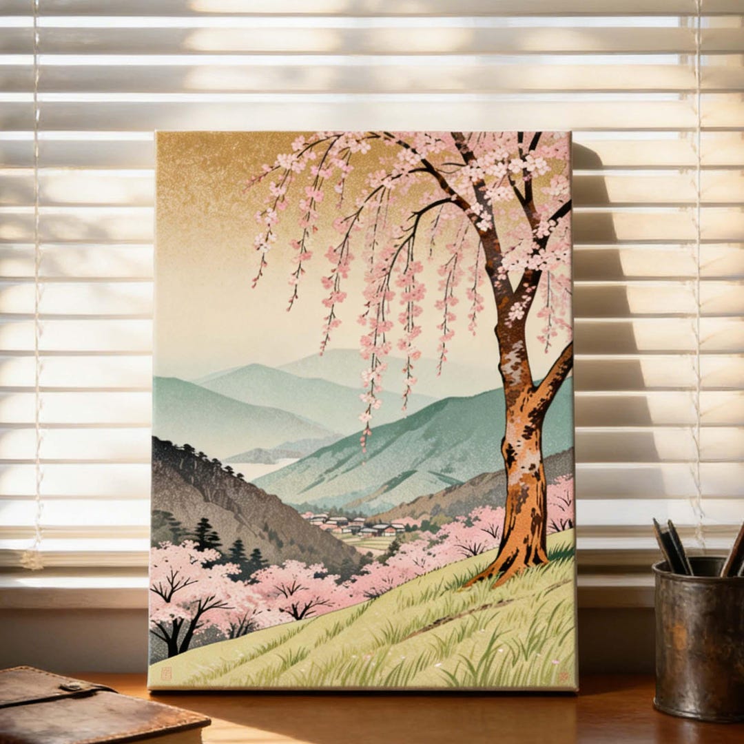 Japanese Cherry Blossom Canvas, Mountain Landscape Print, Japandi Wall ...