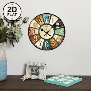 May include: A round wall clock with a vintage design. The clock face features a colorful segmented design with large, easy-to-read numbers. The clock hands are black, and the clock is mounted on a white wall.