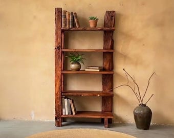 Solid wood bookcase handmade sculpture art reclaimed live edge wood free standing shelf floor bookshelf furniture
