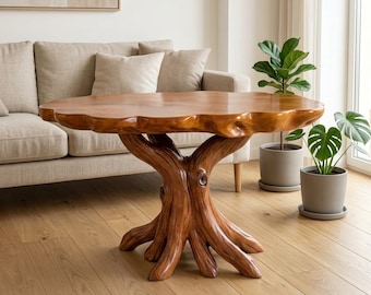 Mesa rústica de madeira esculpida em tronco de árvore, mesas de apoio, móveis de madeira maciça natural feitos à mão para decoração.