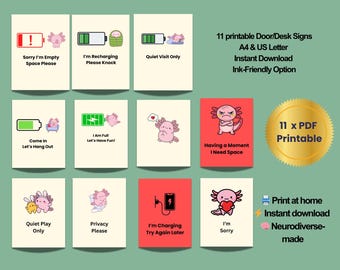 Axolotl Social Battery Door Signs: Autism, ADHD Communication (Printable Pack)