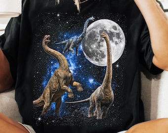 Three Dinosaurs Moon Graphic T Shirt, Comfort Colors® Vintage Brachiosaurus Galaxy Tee, Funny Celestial Dino Unisex Shirt, Dinosaur Gift Him