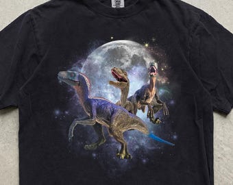 Three Raptors Moon Graphic T Shirt, Comfort Colors® Vintage Velociraptor Galaxy Tee, Funny Celestial Dino Unisex Shirt, Dinosaur Lover Gifts