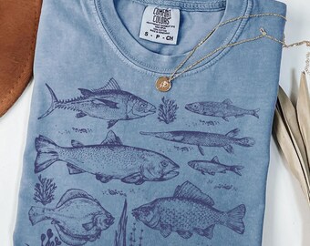 Vintage Fish Species Graphic T Shirt, Comfort Colors® Retro Fishing Trout Tuna Tee, Fisherman Nature Unisex Shirt, Angler Gift for Him & Her