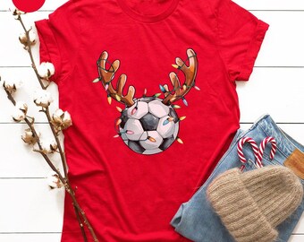 Soccer Ball Reindeer Antlers Graphic T-Shirt, Christmas Holiday Apparel
