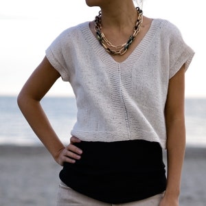 V-neck layering top knitting pattern : Little Something Tee Top down v-neck tee pattern lightweight