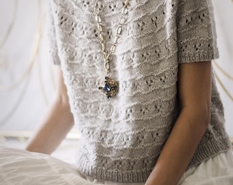 Knitting Pattern PDF: Vineyard Sweater Summer Tee with Lace pattern circular yoke