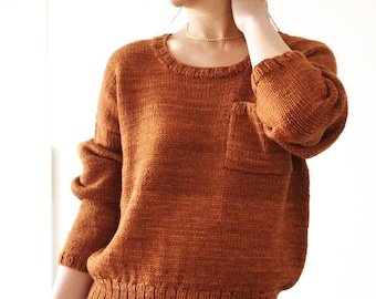 Beginner friendly basic KNITTING PATTERN: Pocket Sweater top down seamless knit sweater pattern woman drop shoulder jumper oversized fit