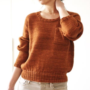 May include: A brown knitted sweater with a patch pocket on the left side. The sweater has a round neckline and long sleeves.