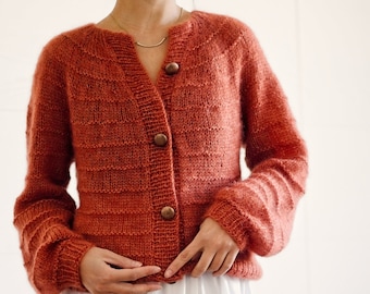 Beginner friendly top-down knitting pattern PDF: Elements Cardigan mohair sweater for women