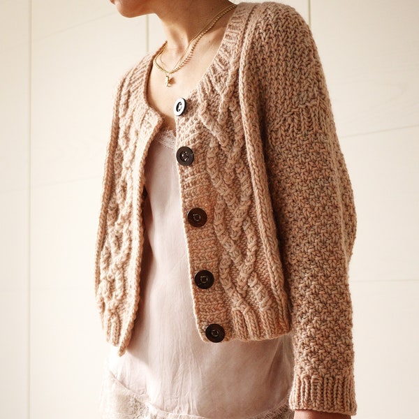 Chunky cable drop shoulder cardigan knitting pattern: Love Cable Cardigan | seamless knit suitable for cotton and wool