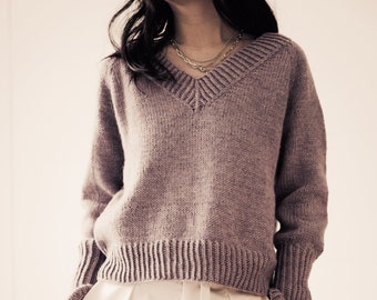 V-neck pullover knitting pattern PDF: Basic V Sweater wide v-neck jumper for women