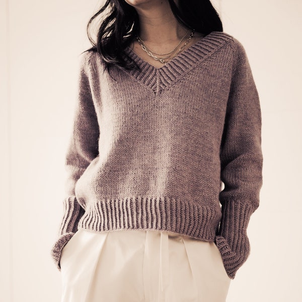 V-neck pullover knitting pattern PDF: Basic V Sweater wide v-neck jumper for women