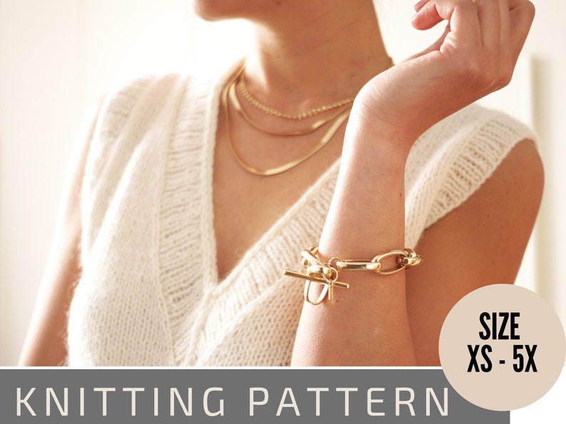 May include: Knitting pattern for a white sleeveless sweater with a V-neck. The pattern is available in sizes XS - 5X.