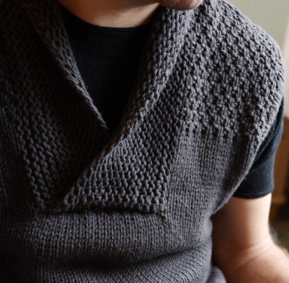 Knitting Pattern Pdf Graphite Men S Vest In Bulky Yarn With Shawl Collar
