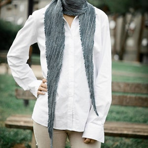 May include: A white button-down shirt with long sleeves and a blue and grey knitted scarf.