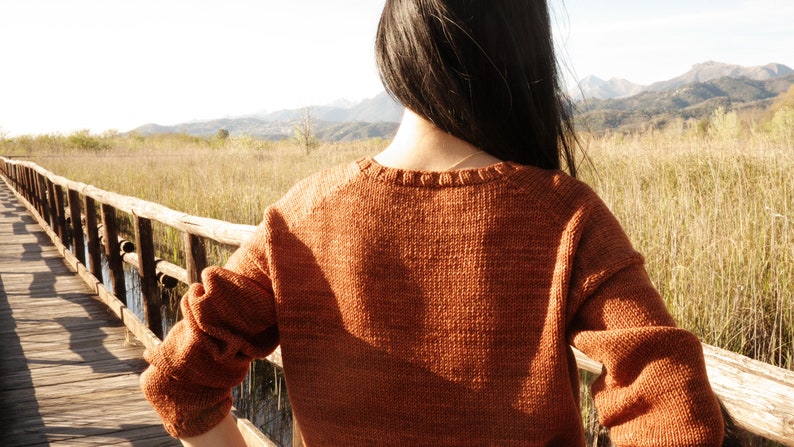 May include: A woman wearing a brown knitted sweater stands on a wooden walkway overlooking a field of tall grass. The background features a mountain range in the distance.
