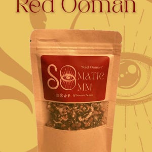 May include: A kraft paper bag with a clear window, filled with dried herbs. A red label reads "Red Ooman" and features a stylized eye design. The text "Somatic MM" and social media handles are also visible.