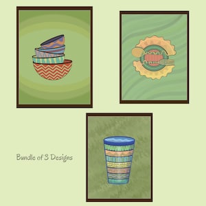 May include: Three framed art prints with a green background. One print shows a stack of colorful bowls. Another depicts a circular design with a spoon and fork. The third shows a tall, patterned glass. Text reads "Bundle of 3 Designs."