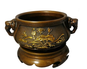 Bronze Gilded Lotus Censer, Elephant Handles, Feng Shui Burner