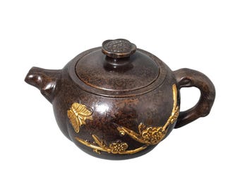Vintage Bronze Gilded Plum Blossom Teapot, Asian Nature-Inspired Tea Decor