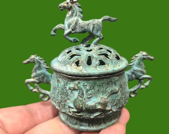 Vintage Bronze Horse Incense Burner, Verdigris Patina Feng Shui "Success" Censer