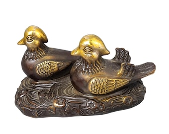 Vintage Bronze Gilded Mandarin Ducks Statue, Chinese Love & Harmony Decor