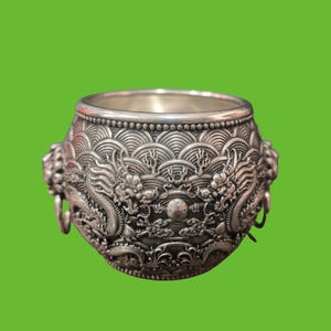 Tibetan Silver Dragon Treasure Jar, Feng Shui Double Dragon Wealth Pot with Ring Handles