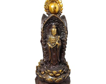 Vintage Bronze Gilded Three-Sided Guanyin Statue, Buddhist Compassion Decor