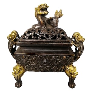 Vintage Bronze Gilded Foo Dog Incense Burner, Chinese Feng Shui Censer