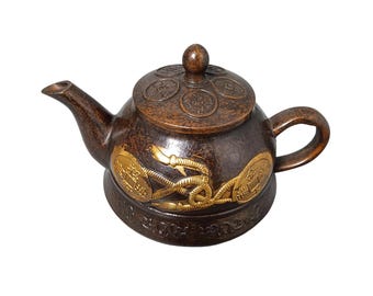 Vintage Bronze Gilded Wealth Teapot, Chinese Prosperity Tea Ceremony Decor