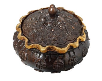 Vintage Bronze Gilded Wealth Blessing Tea Caddy, Chinese Prosperity Decor