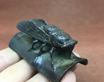 Vintage Bronze Cicada Tea Pet | Antique Chinese Feng Shui Success Decor for Tea Ceremony
