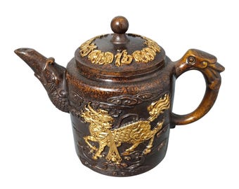 Vintage Bronze Gilded Qilin Teapot, Chinese Blessing & Prosperity Tea Decor
