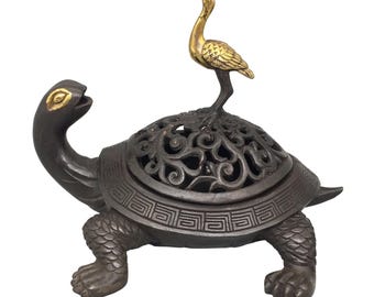 Vintage Bronze Crane Turtle Incense Burner, Feng Shui Censer