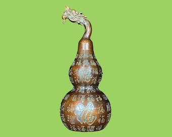 Bronze Gourd Ornament with Dragon Head, Fu Character Feng Shui Home Decor