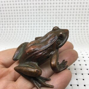 May include: A bronze frog ornament with a detailed textured surface. The frog is in a crouching pose, with its front legs extended and its back legs tucked. The figurine has a dark brown and green patina.