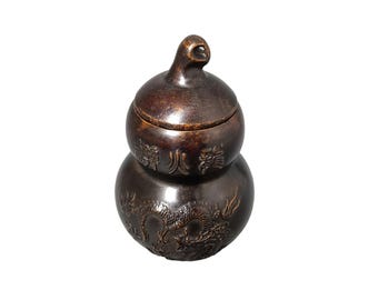 Vintage Bronze Gourd Dragon Jar, Chinese Fire Dragon Prosperity Decor