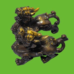 Pair Gilded Bronze Pi Xiu Statues, Feng Shui Wealth Protection Lucky Home Decor Set