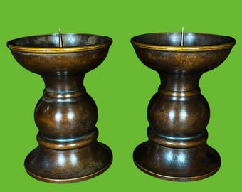 Pair Vintage Bronze Gourd Candle Holders, Antique Patina Buddhist Altar Candlestick Set