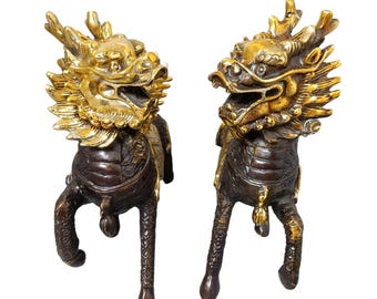 Gilt Bronze Qilin Tea Pet Pair – Protection Luck Gift & Decor
