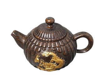 Vintage Bronze Gilded Dragon Phoenix Teapot, Chinese Harmony & Power Tea Decor