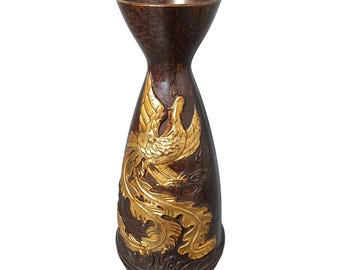 Vintage Bronze Gilded Phoenix Vase, Chinese Harmony & Prosperity Decor