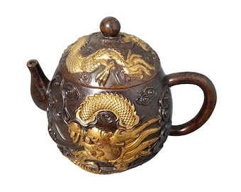 Vintage Bronze Gilded Dragon Teapot, Chinese Power & Prosperity Tea Ceremony Decor