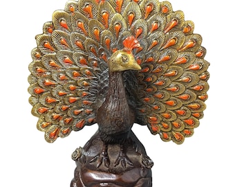 Vintage Bronze Gilded Peacock Statue, Chinese Beauty & Prosperity Home Decor