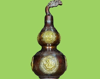 Gilt Bronze Gourd Feng Shui Statue, Dragon Head Wealth Ornament Home Decor
