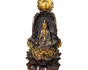 Vintage Bronze Gilded Three-Sided Guanyin Statue, Buddhist Compassion Home Decor