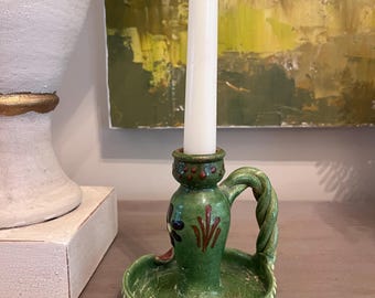 Vintage Pottery Chamberstick Candle Holder Green Glazed Folk Art Handmade Candle Holder Rustic Farmhouse Decor