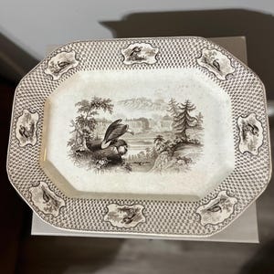 Peut inclure: Un plat de service octogonal blanc cassé avec une scène de paysage marron détaillée représentant des oiseaux et une cascade. La bordure présente un motif répétitif et des vignettes décoratives avec des illustrations d'oiseaux. Une pièce vintage et décorative.