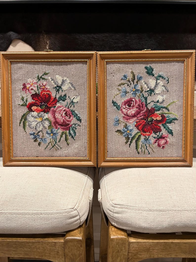 Vintage Needlepoint Wall Art Pair Framed Floral 1969 Handmade ...